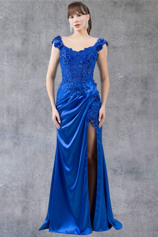 Womens Satin Evening Gown with Beaded Bodice and High Slit – Formal Dress for Gala, Prom, or Wedding 4/XS-16/3X